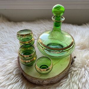 VTG Czech Bohemia Crystal Green Decanter with 6 Glass Set Gold Bands Antique